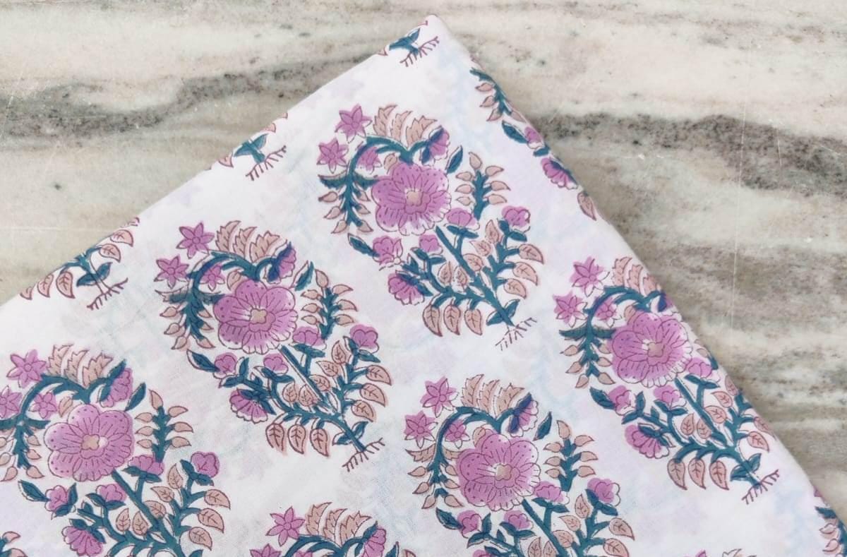Pink Floral Cotton Fabric by the Yard, Soft Printed Quilting Fabric, Dressmaking Sewing Material, Boho Block Print Fabric and Home Decor