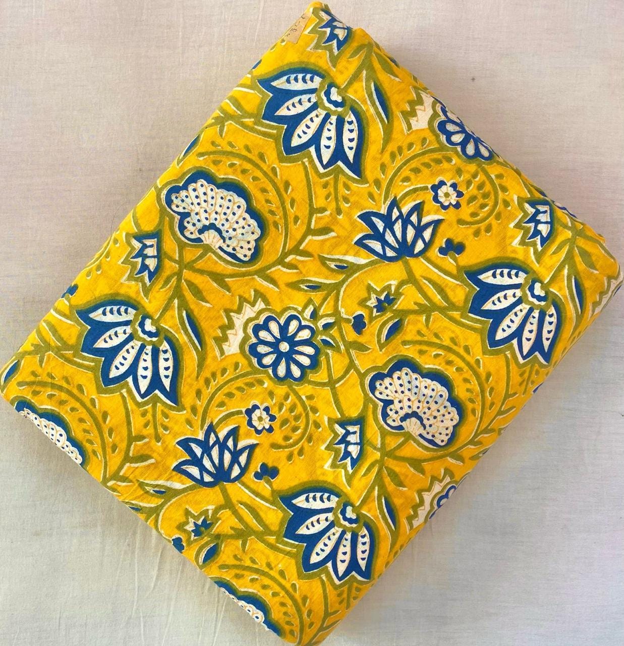 Yellow Indian Hand Block Print Fabric, 100% Cotton Quilting Fabric By The Yard, Fabric For Dress Making, Loose Running Fabric, Napkin Fabric