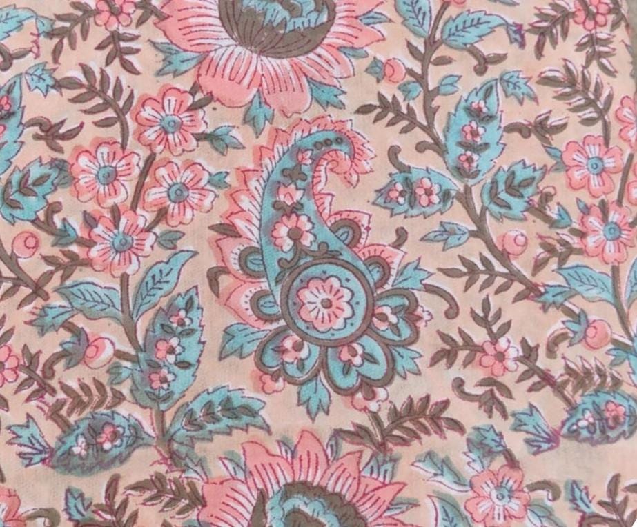 Pink Hand Block Print Cotton Fabric, Floral 100% Cotton Quilting Fabric By The Yard, Handmade Fabric, Loose Running Fabric, Textile Fabric