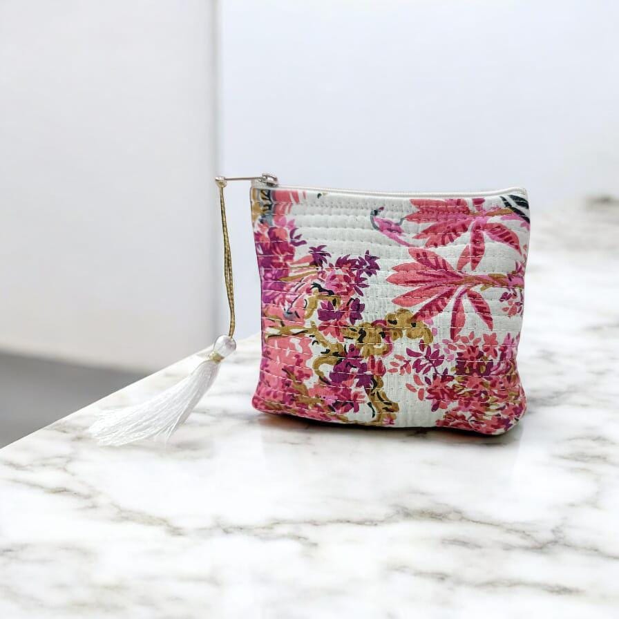 Hand-Stitched Floral Clutch – Quilted Zipper Pouch Gift for Her | Handmade Gift | Quilted Pouch With Tassel | Gift For Ideas