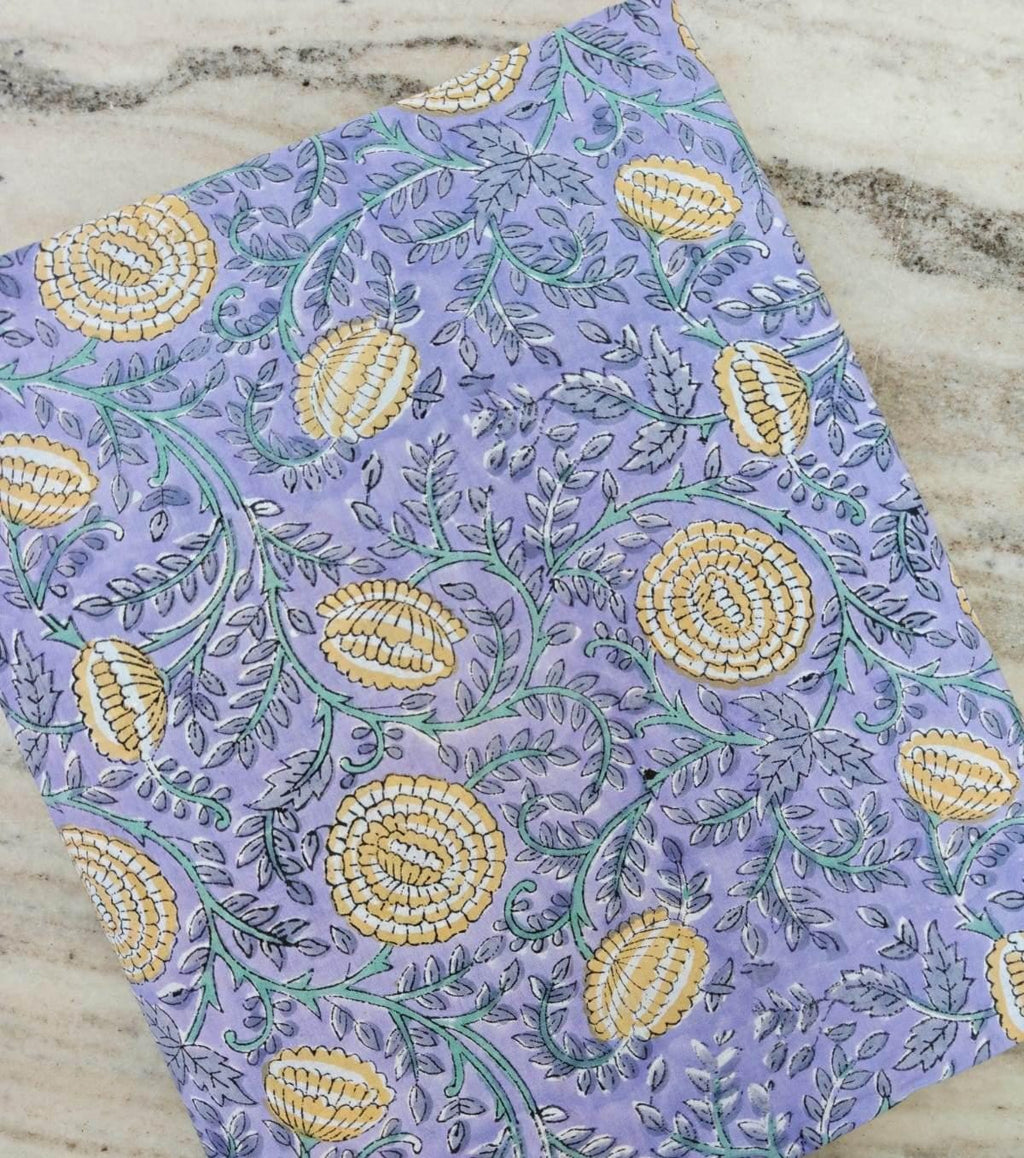 Lavender Floral Cotton Fabric, Yellow Hand Block Print Fabric, Indian Cotton Textile, Soft Floral Yardage, Dressmaking Quilting Craft Fabric