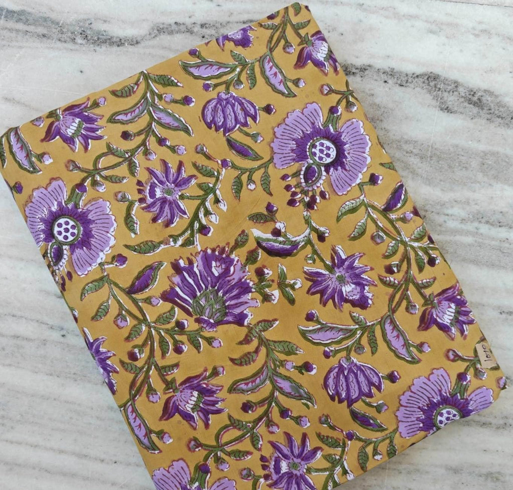 Mustard Yellow Purple Floral Cotton Fabric, Indian Block Print Fabric, Boho Flower Fabric by the Yard, Lightweight Sewing Quilting Textile