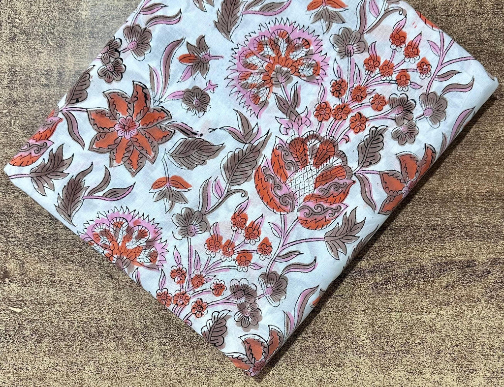 Floral Cotton Fabric by the Yard | Beige & Peach Hand Block Print Indian Cotton for Sewing, Quilting Fabric Dressmaking Loose Running Cloth