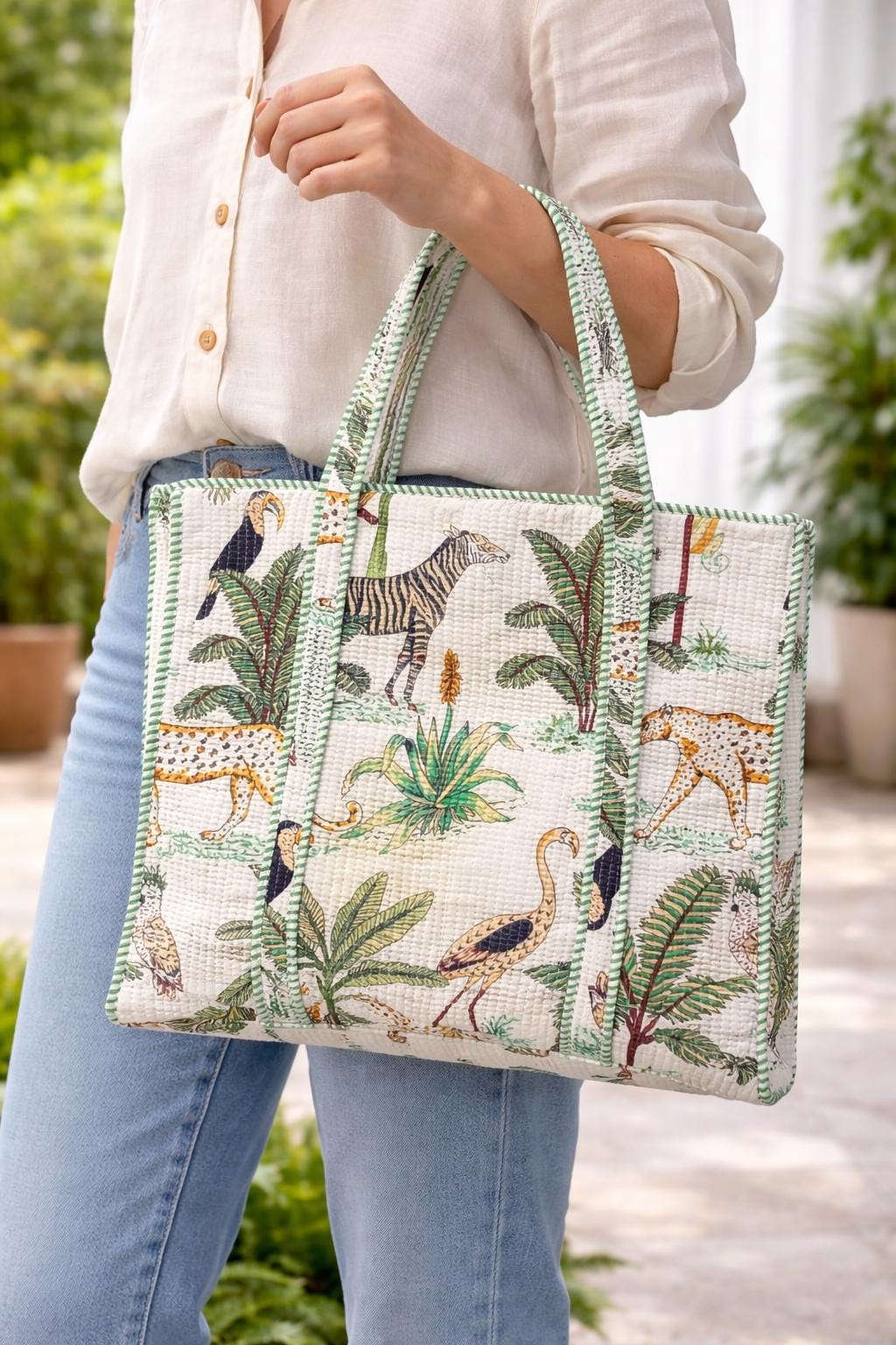 Jungle Print Quilted Tote Bag, Handmade Cotton Block Print Shoulder Bag, Large Fabric Shopper, Reusable Market Bag, Safari Animal Tote