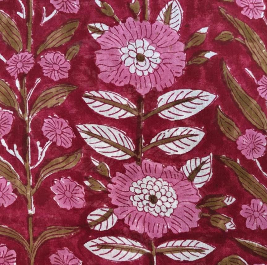 Hand Block Print Cotton Fabric – Red Floral Indian Fabric by the Yard – Pink Flower Print Textile for Sewing, Quilting, Dressmaking & Crafts
