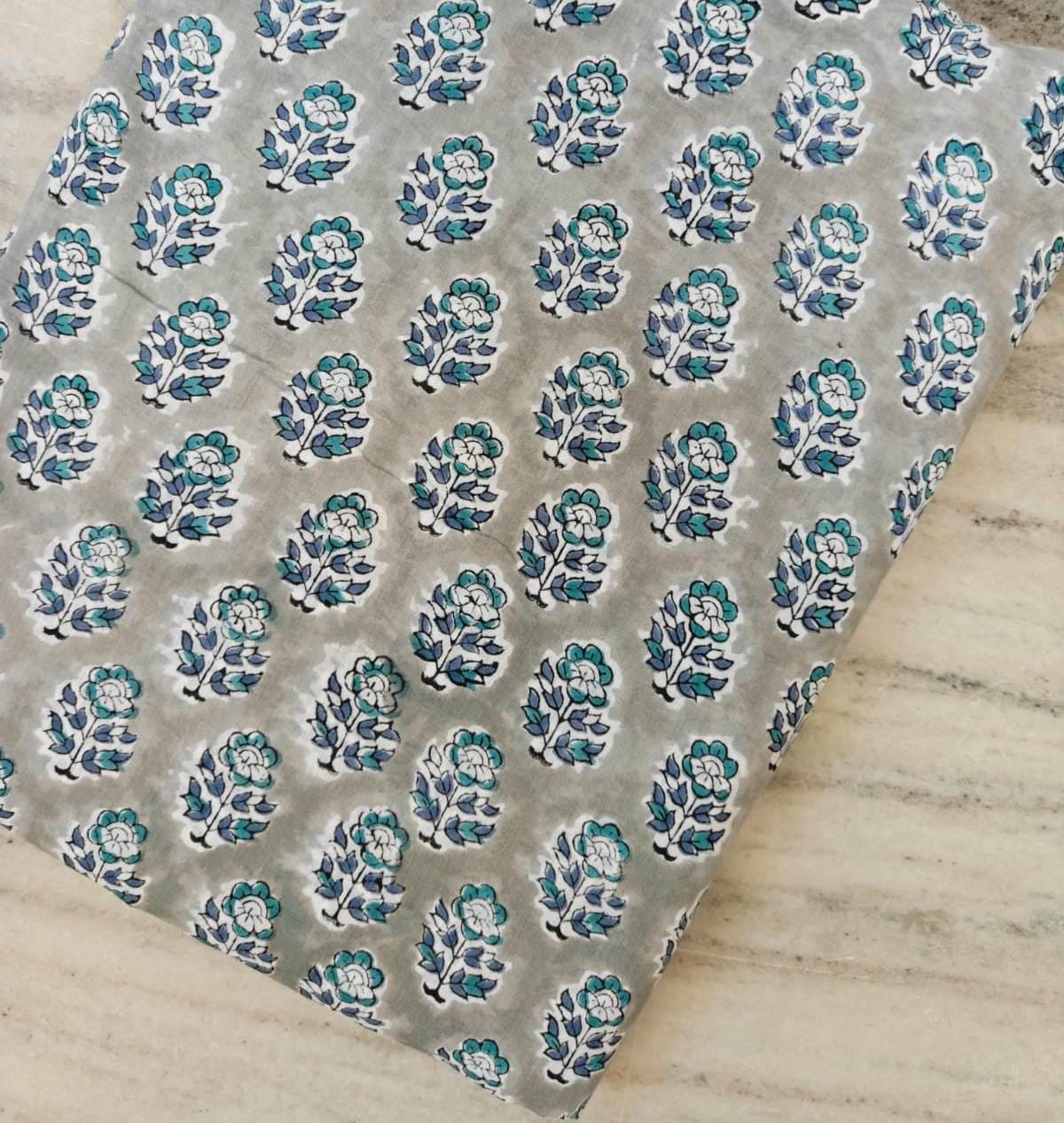 Grey Blue Cotton with Small Buti Floral Print Fabric, Hand Block Print Fabric by the Yard, Soft Indian Cotton for Quilting, Dressmaking