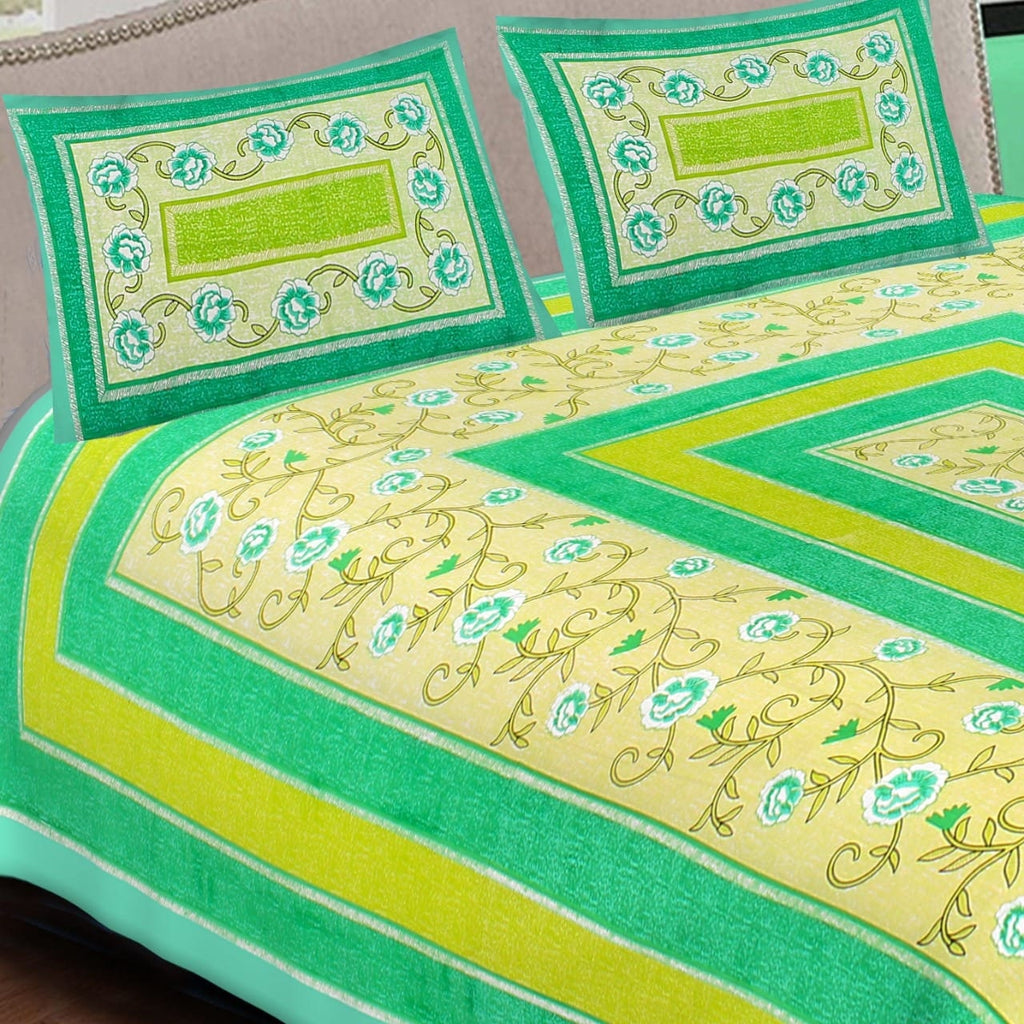 Yellow Cotton Printed Bedsheet, 90x100 INCH, Indian Floral Bedsheet With 2 Pillow Covers, Queen Size Double Bedsheet Flat Fitted Bedsheet