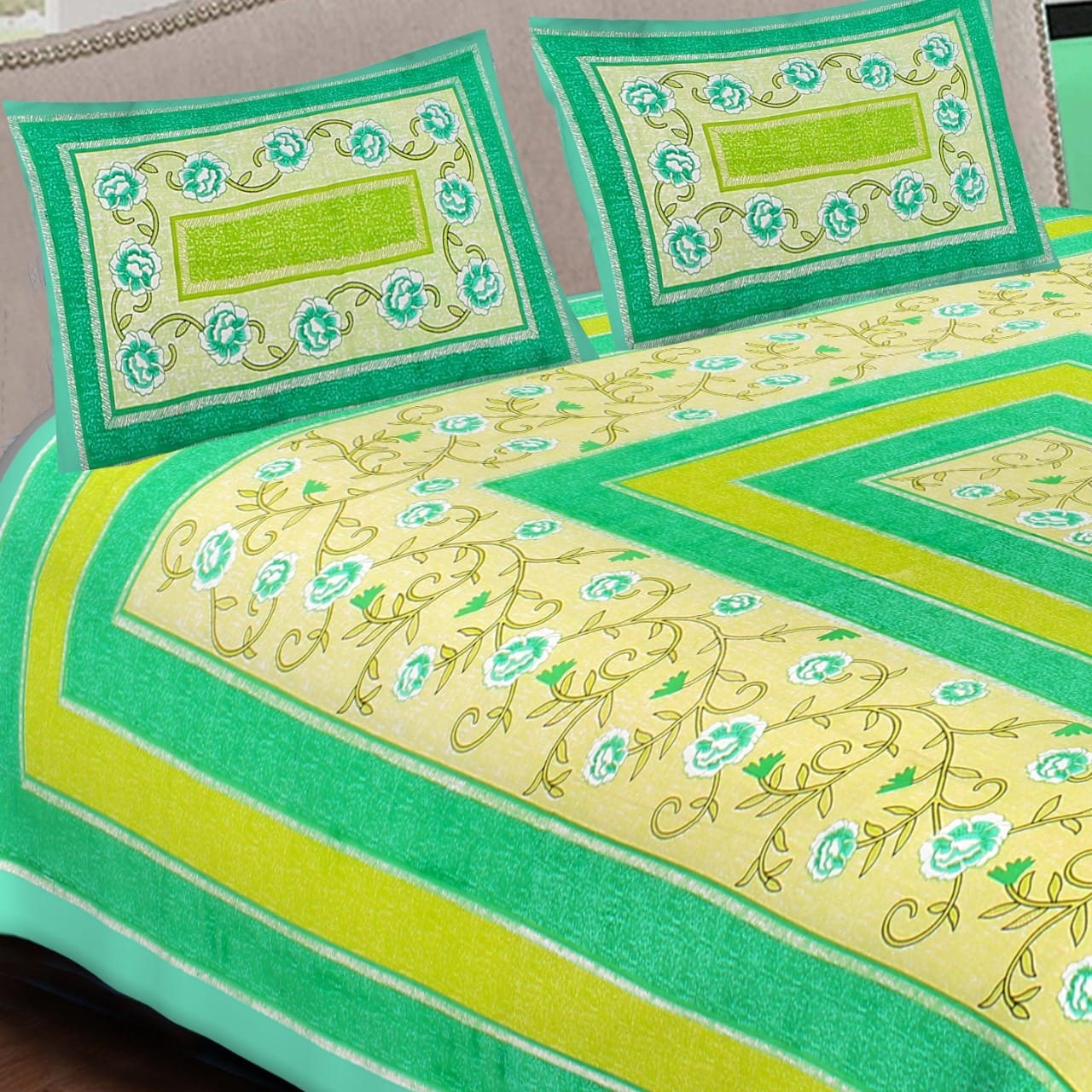 Yellow Cotton Printed Bedsheet, 90x100 INCH, Indian Floral Bedsheet With 2 Pillow Covers, Queen Size Double Bedsheet Flat Fitted Bedsheet