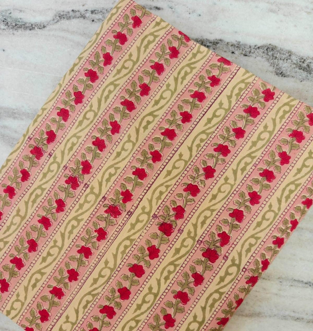 Pink and Red Floral Stripe Cotton Fabric by the Yard, Indian Block Print Fabric, Beige Green Vine Print, Quilting Sewing Craft Fabric