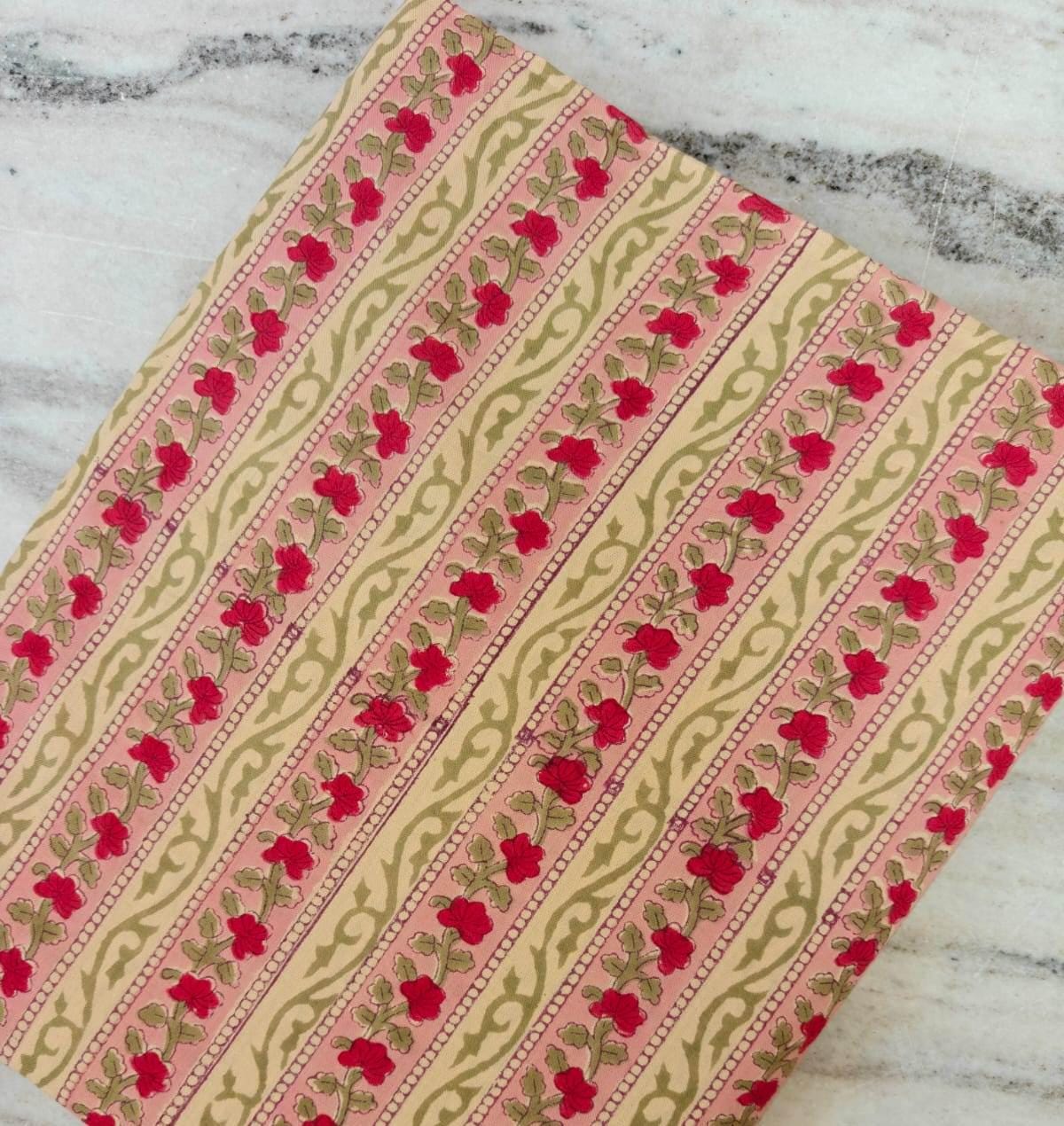 Pink and Red Floral Stripe Cotton Fabric by the Yard, Indian Block Print Fabric, Beige Green Vine Print, Quilting Sewing Craft Fabric