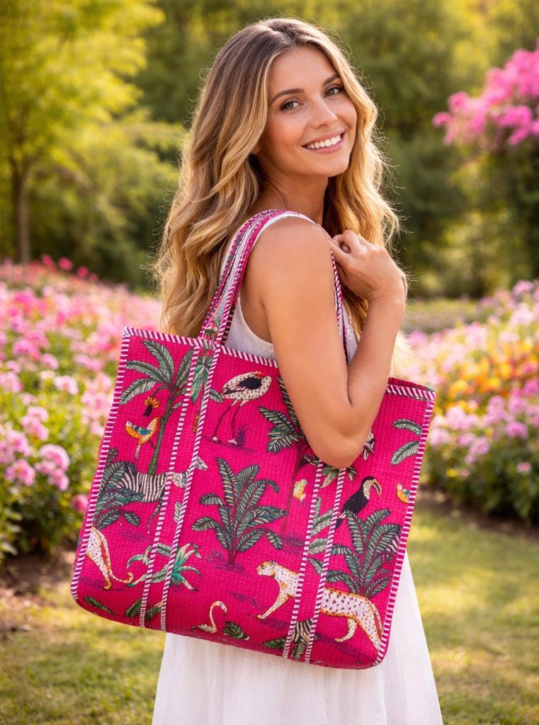 Pink Jungle Print Quilted Tote Bag, Handmade Cotton Block Print Shoulder Bag, Large Fabric Shopper, Reusable Market Bag, Safari Animal Tote