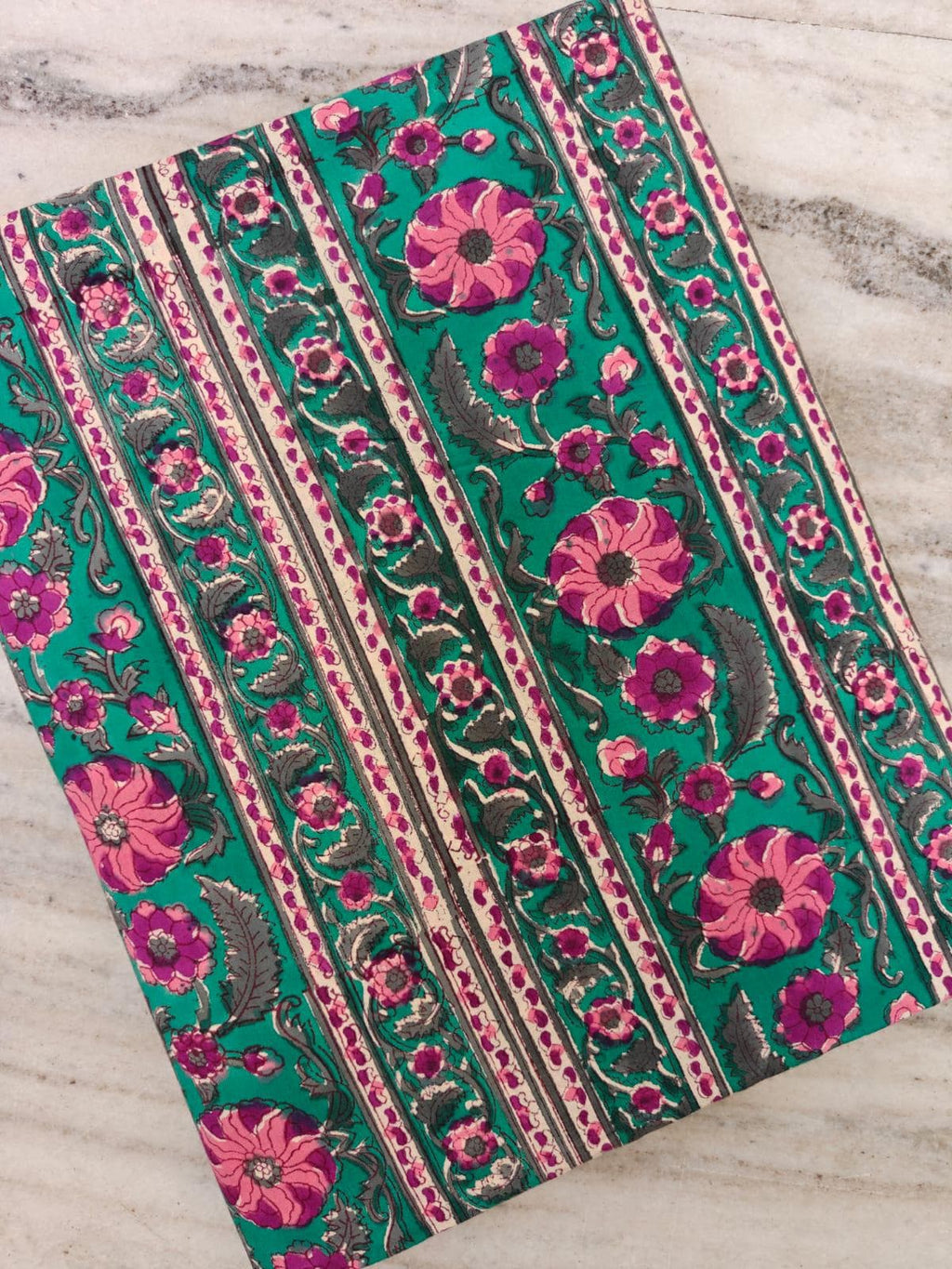 Green Floral Block Print Cotton Fabric, Pink Flower Indian Fabric, Hand Block Printed Stripe Textile, Boho Sewing Craft Dressmaking Fabric