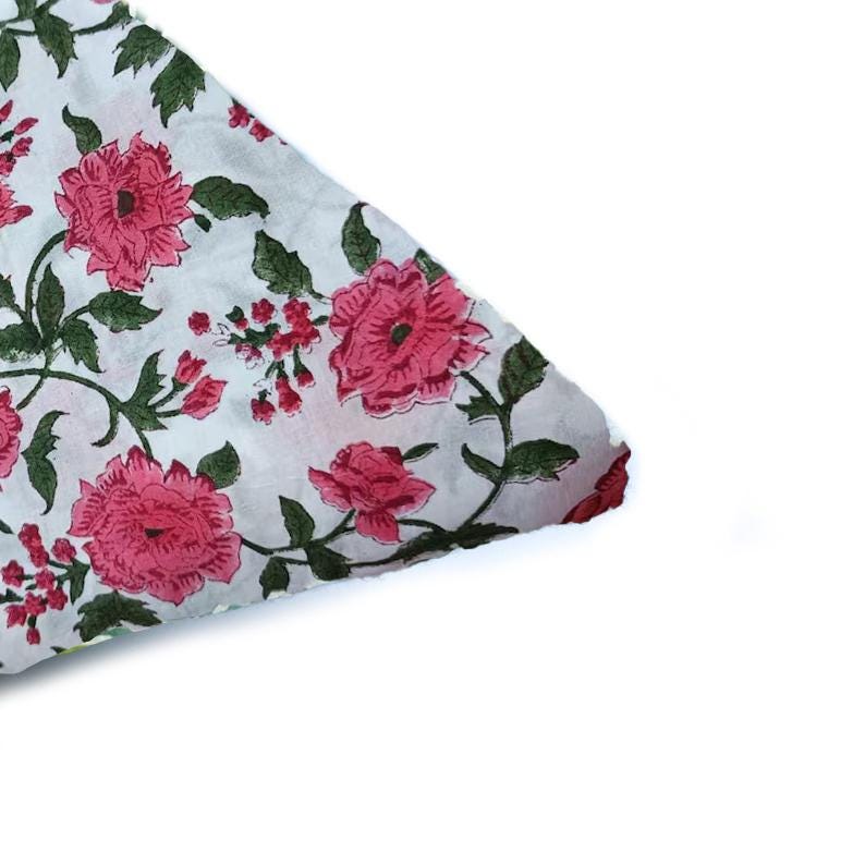 White Cotton Cushion Cover with Pink Floral Print | Hand Block Print Pillow Cover | Indian Decorative Cushion | Sofa & Bed Home Decor