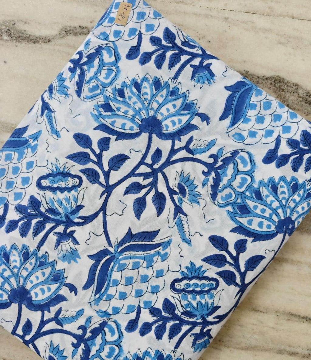 Blue Floral Cotton Fabric, Hand Block Print Indian Fabric, Large Lotus Flower Print, Soft Cotton Fabric for Sewing Quilting Upholstery Craft