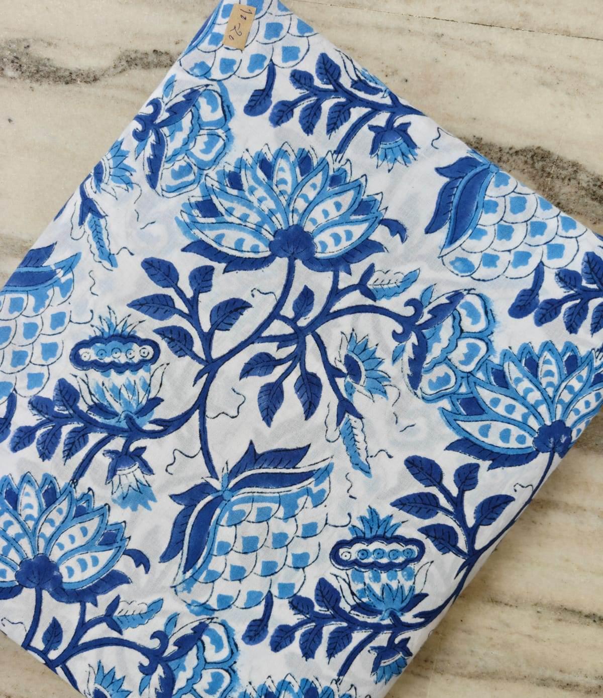 Blue Floral Cotton Fabric, Hand Block Print Indian Fabric, Large Lotus Flower Print, Soft Cotton Fabric for Sewing Quilting Upholstery Craft