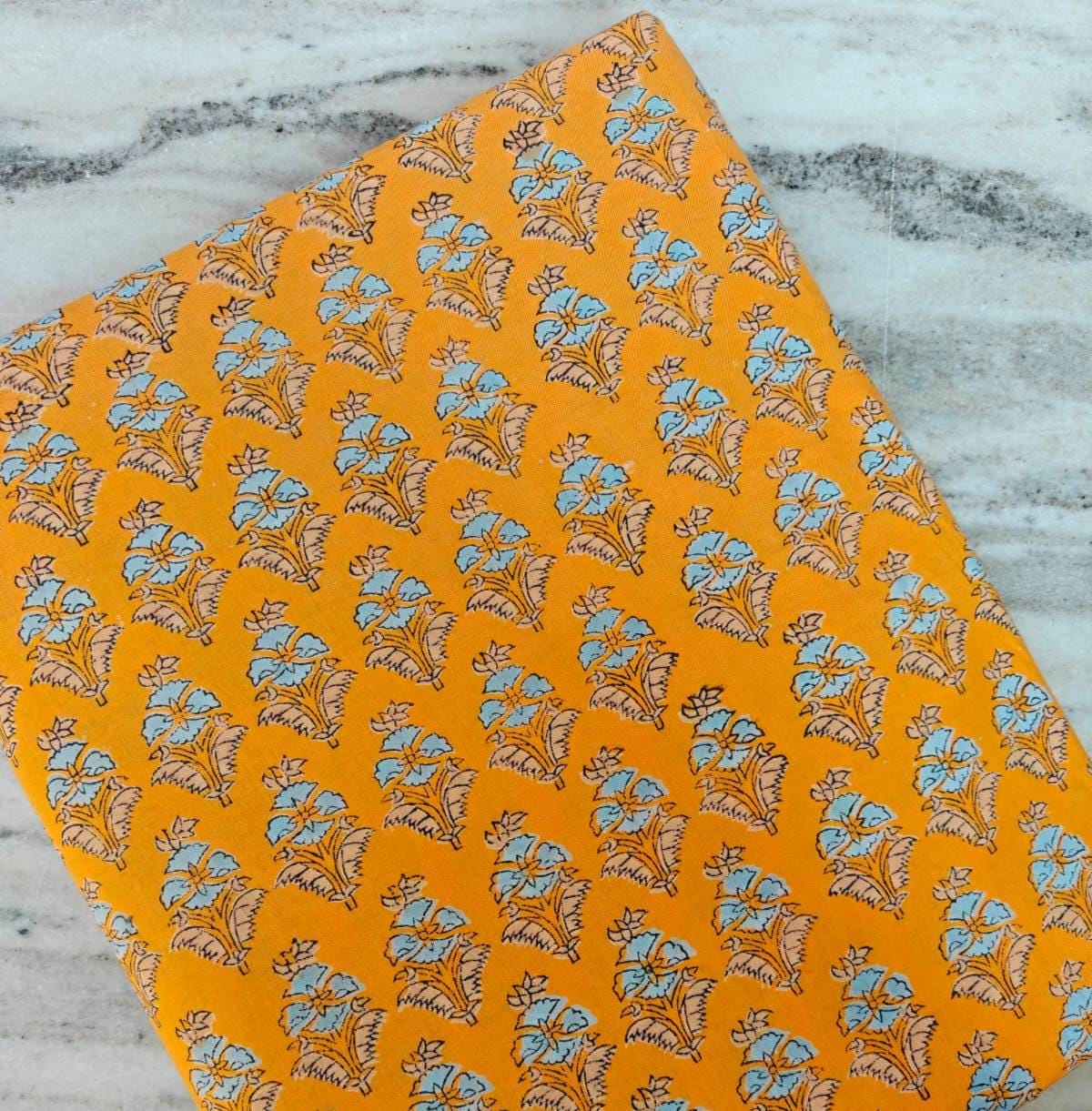 Soft Mustard Yellow Color Floral Block Print Cotton Fabric by the Yard, Indian Hand Printed Cotton, Boho Sewing Quilting Dress Making Fabric
