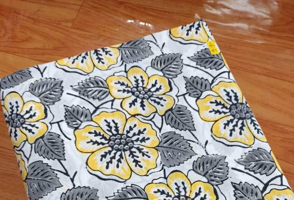 Yellow and Green Cotton Fabric. Soft Cotton, Indian Hand Block Print Fabric, Floral 100% Cotton Fabric By The Yard, Fabric for Loose Running