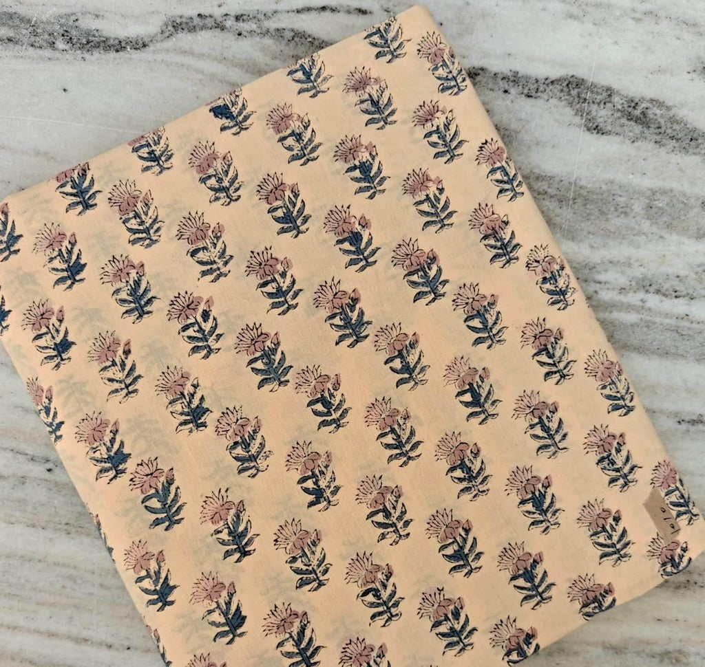 Peach Floral Cotton Fabric by the Yard – Blue and Pink Hand Block Print Fabric – Indian Cotton for Quilting & Dressmaking, Napkins