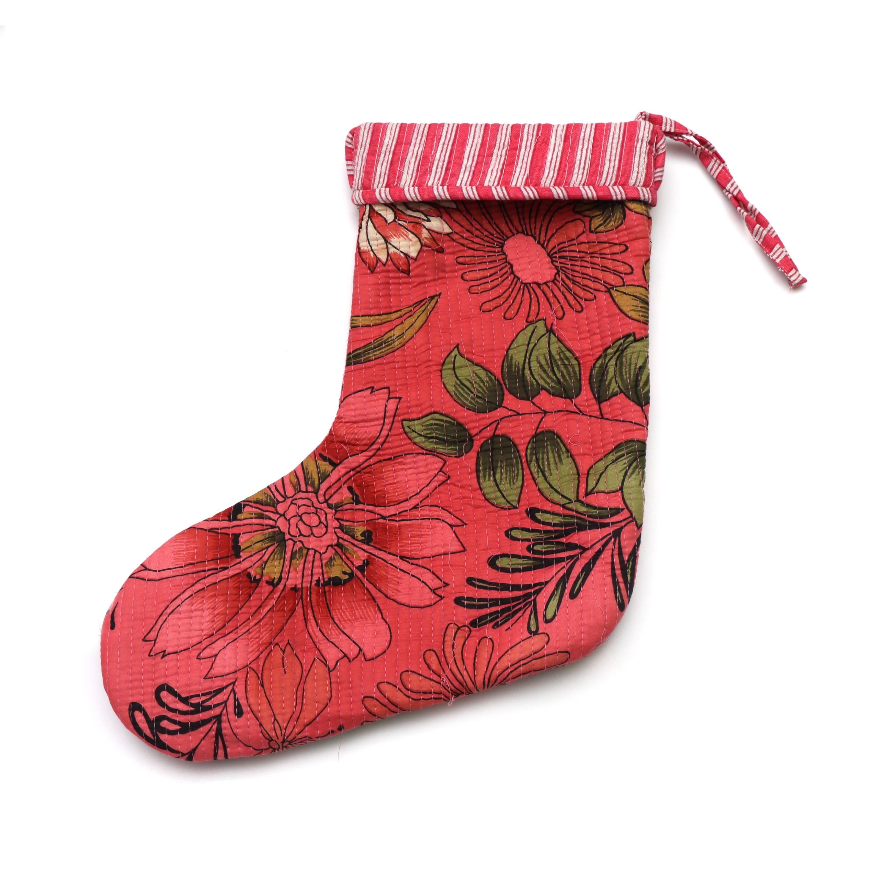 Handmade Quilted Christmas Stocking, Floral Cotton Kantha Stocking, Reversible Holiday Stocking, Rustic Boho Xmas Decor, Gift Stocking