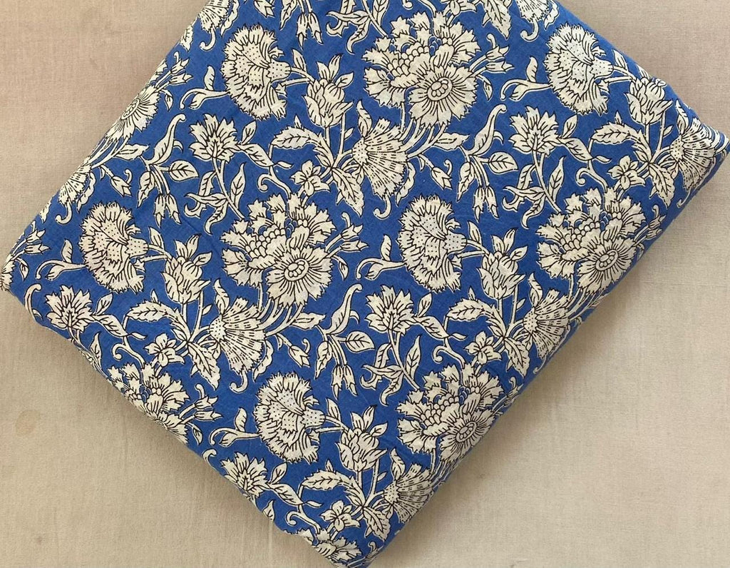 Blue Floral Cotton Fabric, Hand Block Print Fabric, Indian Cotton Fabric by Yard, Vintage Floral Fabric, Quilting Fabric, Cotton Textile