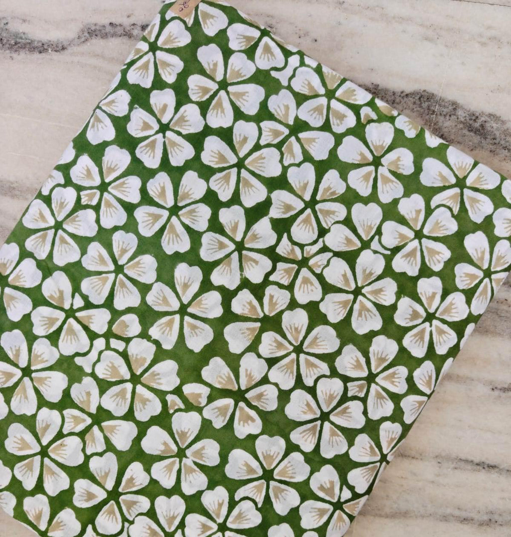 Green Floral Cotton Fabric, White Flower Print Fabric, Botanical Cotton Fabric by the Yard, Block Print Style Fabric, Quilting Sewing Fabric