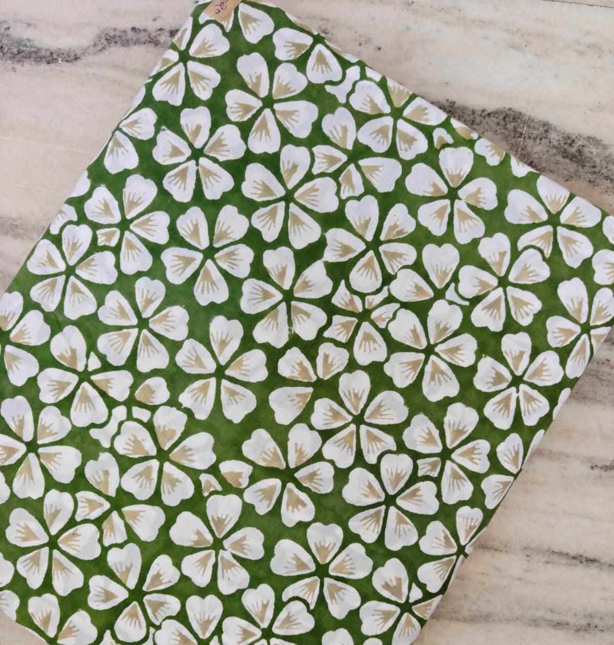 Green Floral Cotton Fabric, White Flower Print Fabric, Botanical Cotton Fabric by the Yard, Block Print Style Fabric, Quilting Sewing Fabric