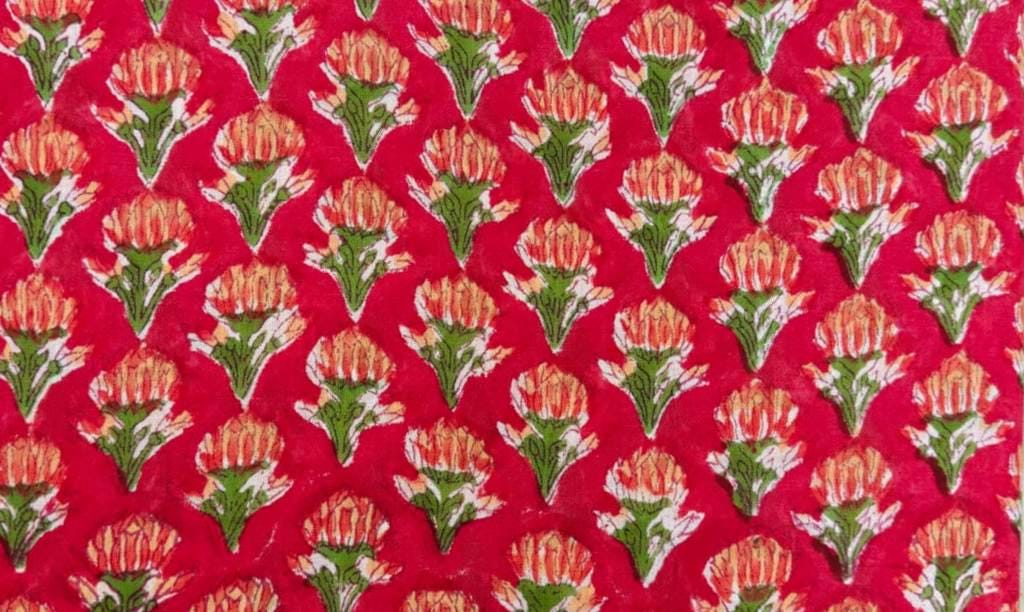 Red Floral Cotton Fabric, Small Buti Block Print Cotton, Indian Hand Printed Fabric, Lightweight Soft Cotton for Sewing, Quilting & Crafts