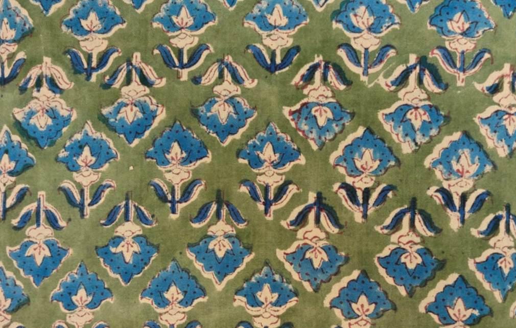 Green Blue Designer Hand Block Print Fabric, Floral 100% Cotton Quilting Fabric By The Yard, Fabric For Dress Making, Loose Running Fabric