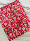 Red Floral Cotton Fabric, Hand Block Print Fabric, Indian Cotton Textile, Dressmaking Vintage Style Flower Fabric, Quilting Fabric, Napkins