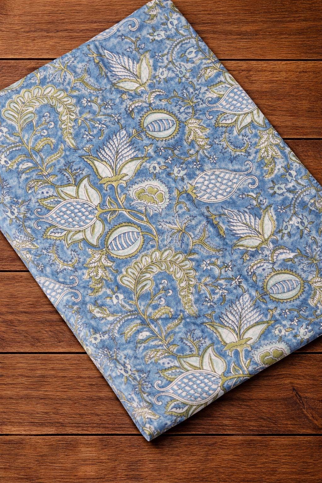 Blue Floral Hand Block Print Cotton Fabric, Indian Botanical Cotton Textile for Sewing, Quilting, Dressmaking, Loose Running Fabric, Napkins