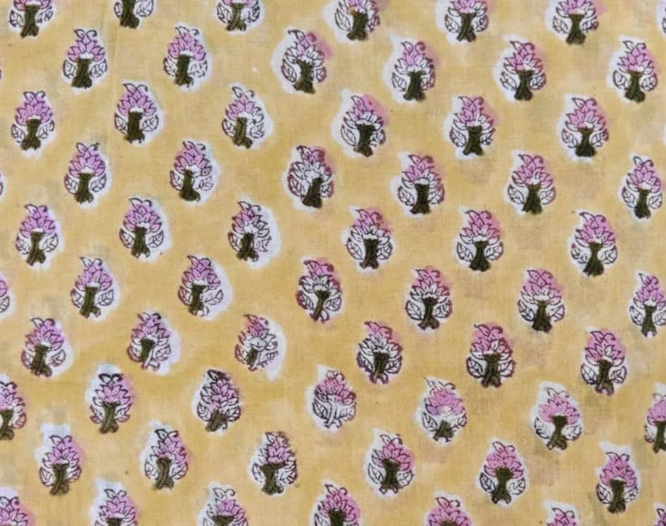 Hand Block Print Cotton Fabric – Yellow Booti Floral Indian Fabric by the Yard – Pink Buta Print Textile for Sewing, Quilting, Dressmaking