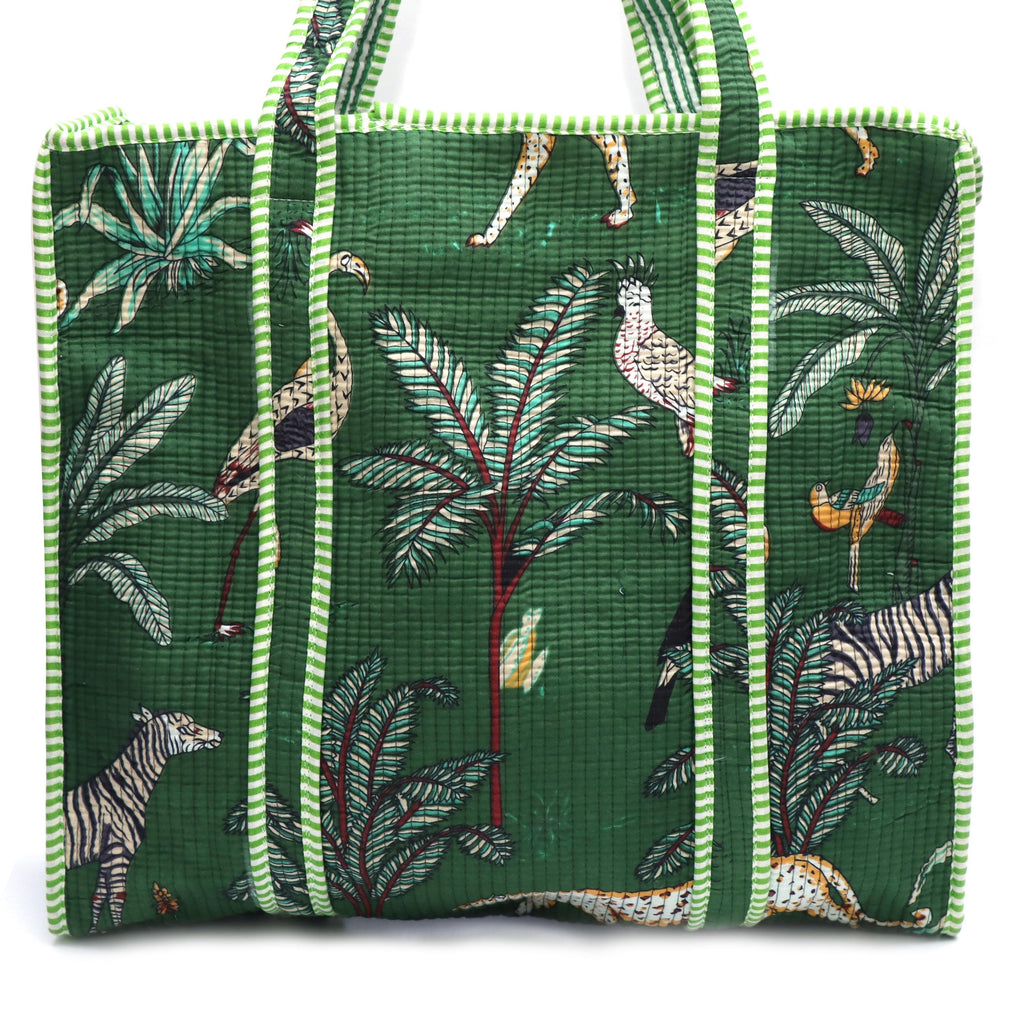 Green Jungle Tote Bag, Quilted Cotton Shoulder Bag, Safari Animal Print Tote, Tropical Palm Zebra Bird Bag, Market Shopper, Travel Beach Bag