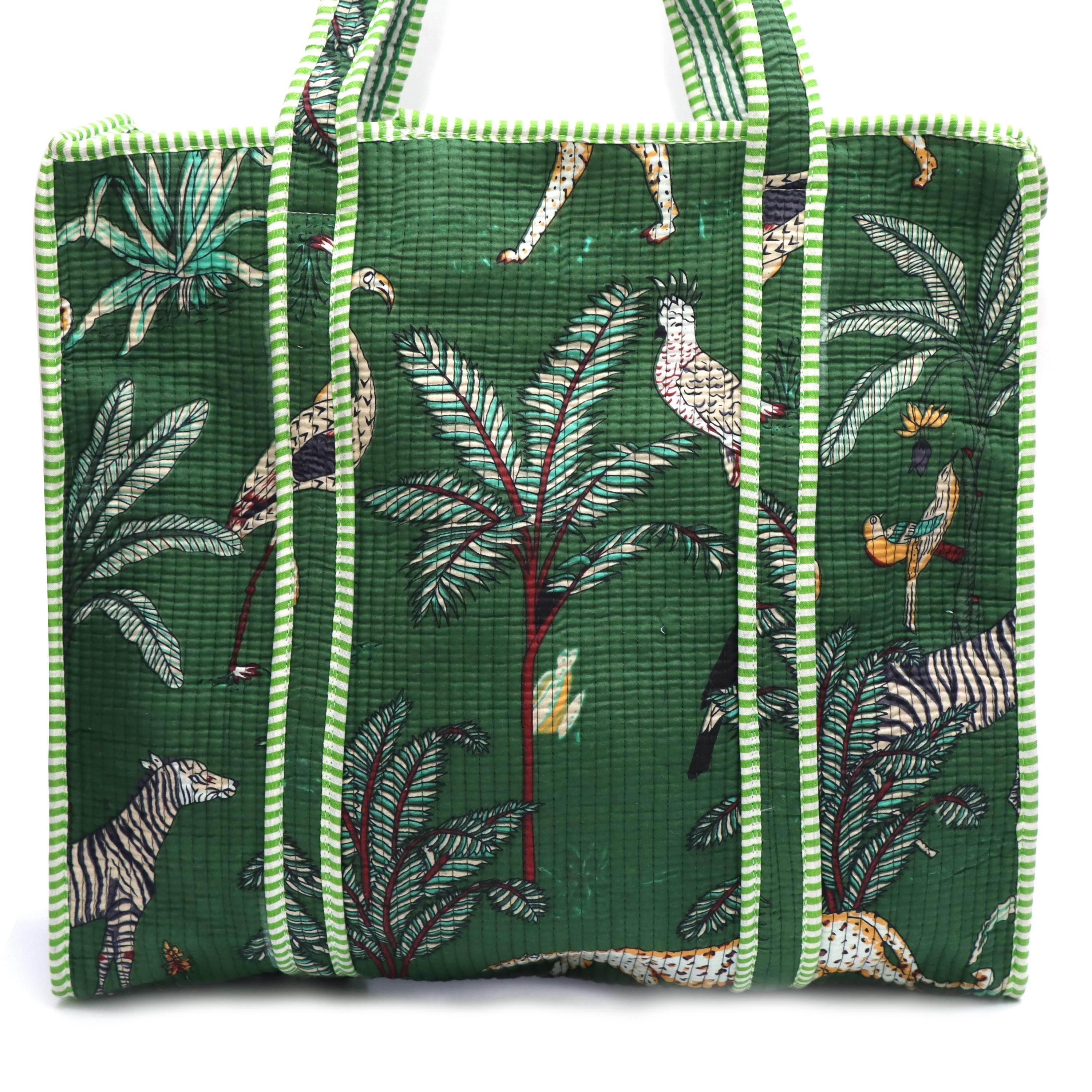 Green Jungle Tote Bag, Quilted Cotton Shoulder Bag, Safari Animal Print Tote, Tropical Palm Zebra Bird Bag, Market Shopper, Travel Beach Bag