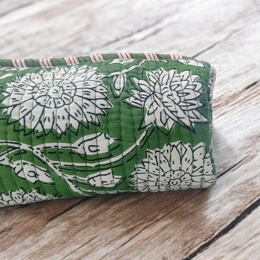 Green Floral Quilted Makeup Bag | Handmade Cotton Zipper Pouch | Block Print Cosmetic Bag | Travel Toiletry Organizer | Gift for Her