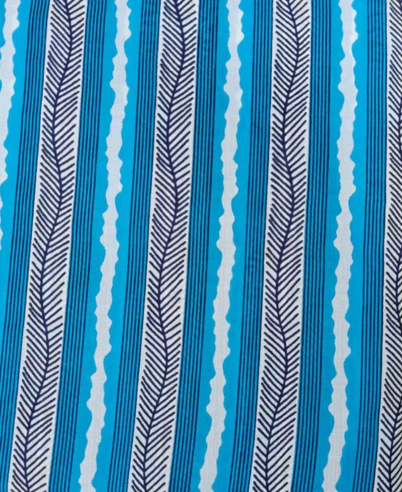 Blue Leaf Stripe Cotton Fabric, Tropical Stripe Fabric, Aqua Blue Printed Cotton, Dress Making Fabric,  Fabric by The Yard, Curtain Textile
