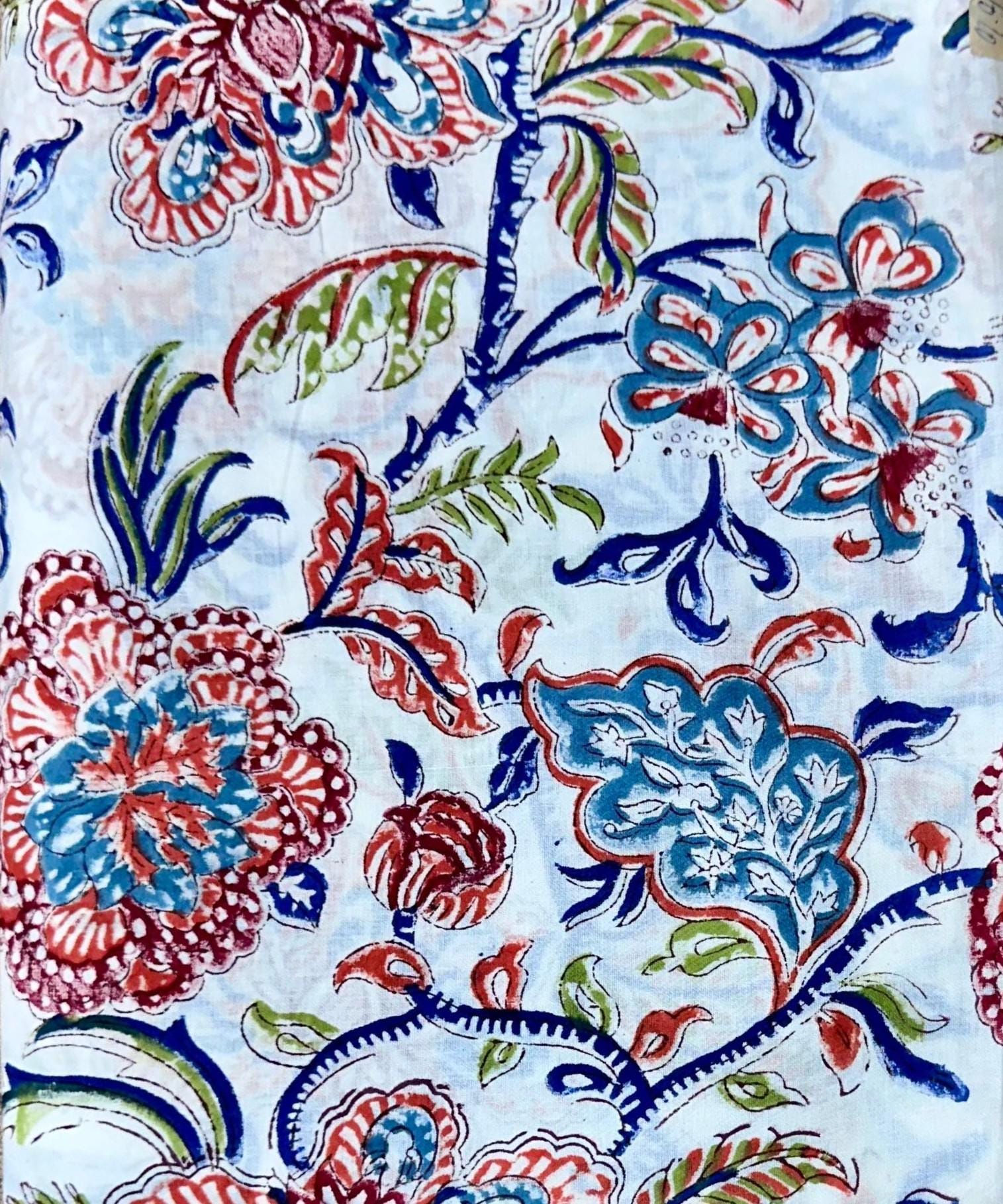 Light Blue Floral Cotton Fabric, Multi Color Hand Block Print By The Yard, Indian Soft Cotton For Quilting, Dressmaking and Seweing Crafts