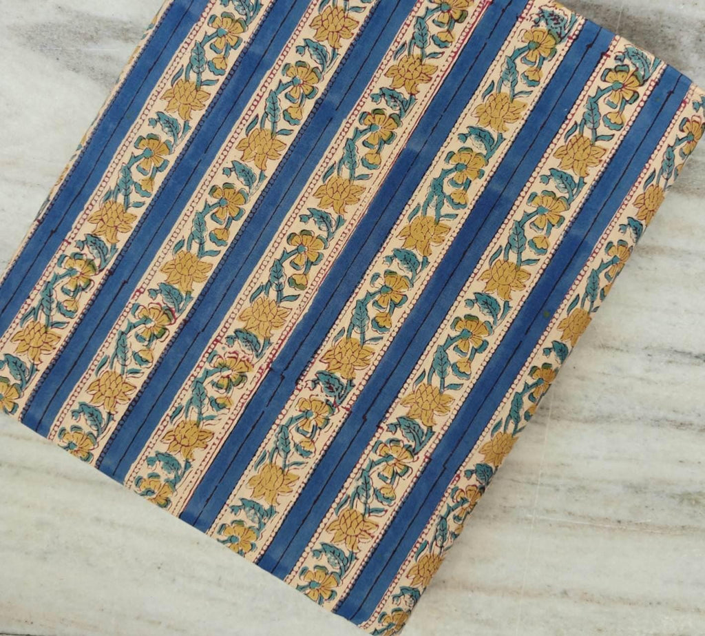 Blue Striped Floral Block Print Cotton Fabric, Indian Hand Block Print Fabric by Yard Boho Floral Stripe Cotton, Natural Cotton Dress Fabric