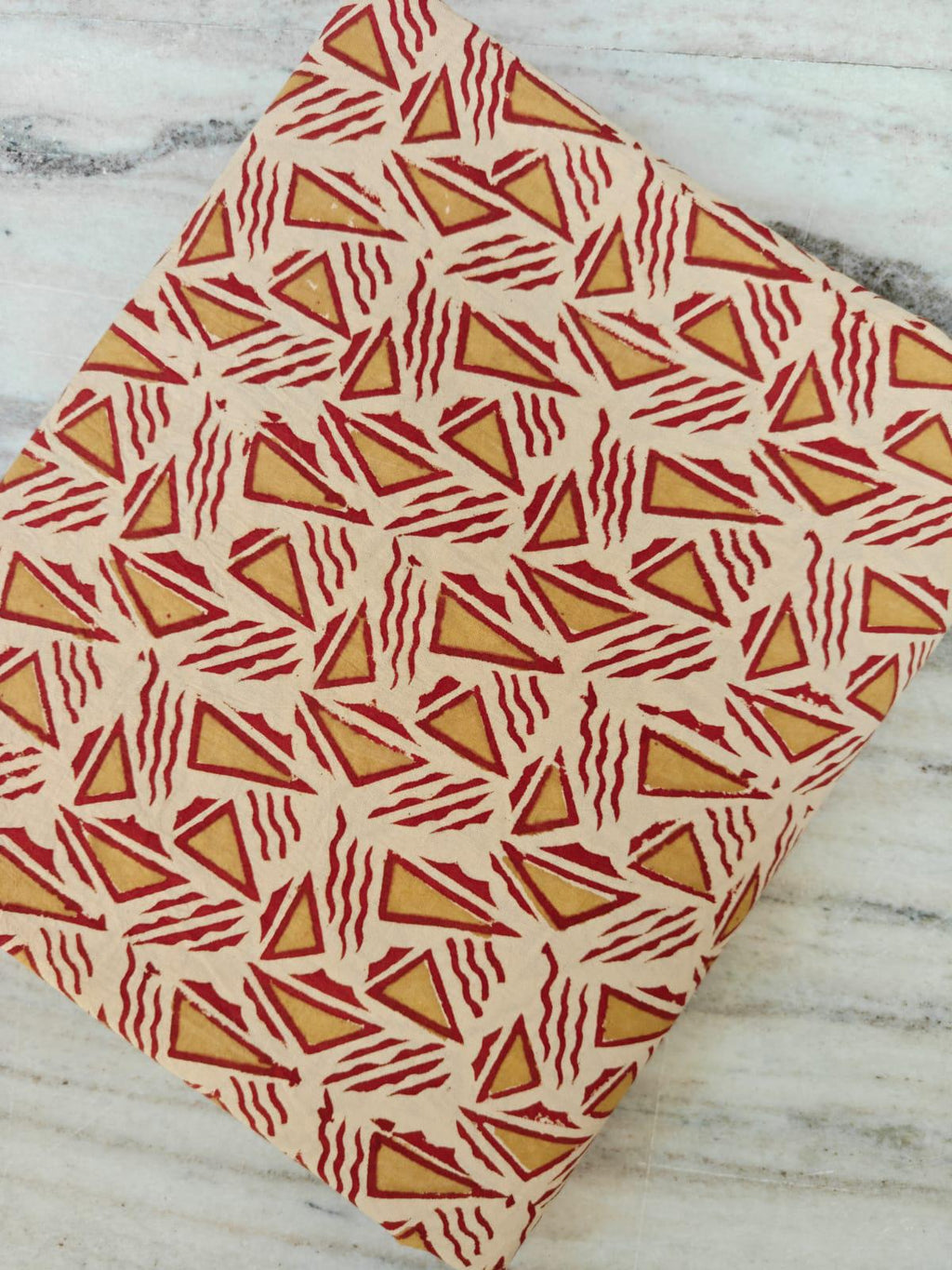 Red Mustard Geometric Cotton Fabric, Triangle Block Print, Indian Handcrafted Sewing Quilting Fabric by the Yard, Fabric For Dress Making