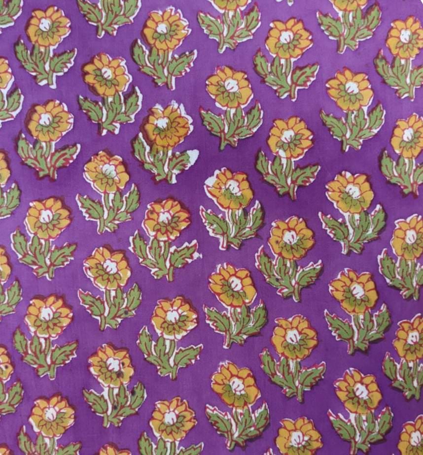 Purple Floral Cotton Fabric, Yellow Flower Print Fabric, Block Print Style Quilting & Dressmaking Fabric By The Yard, Loose Running Fabric