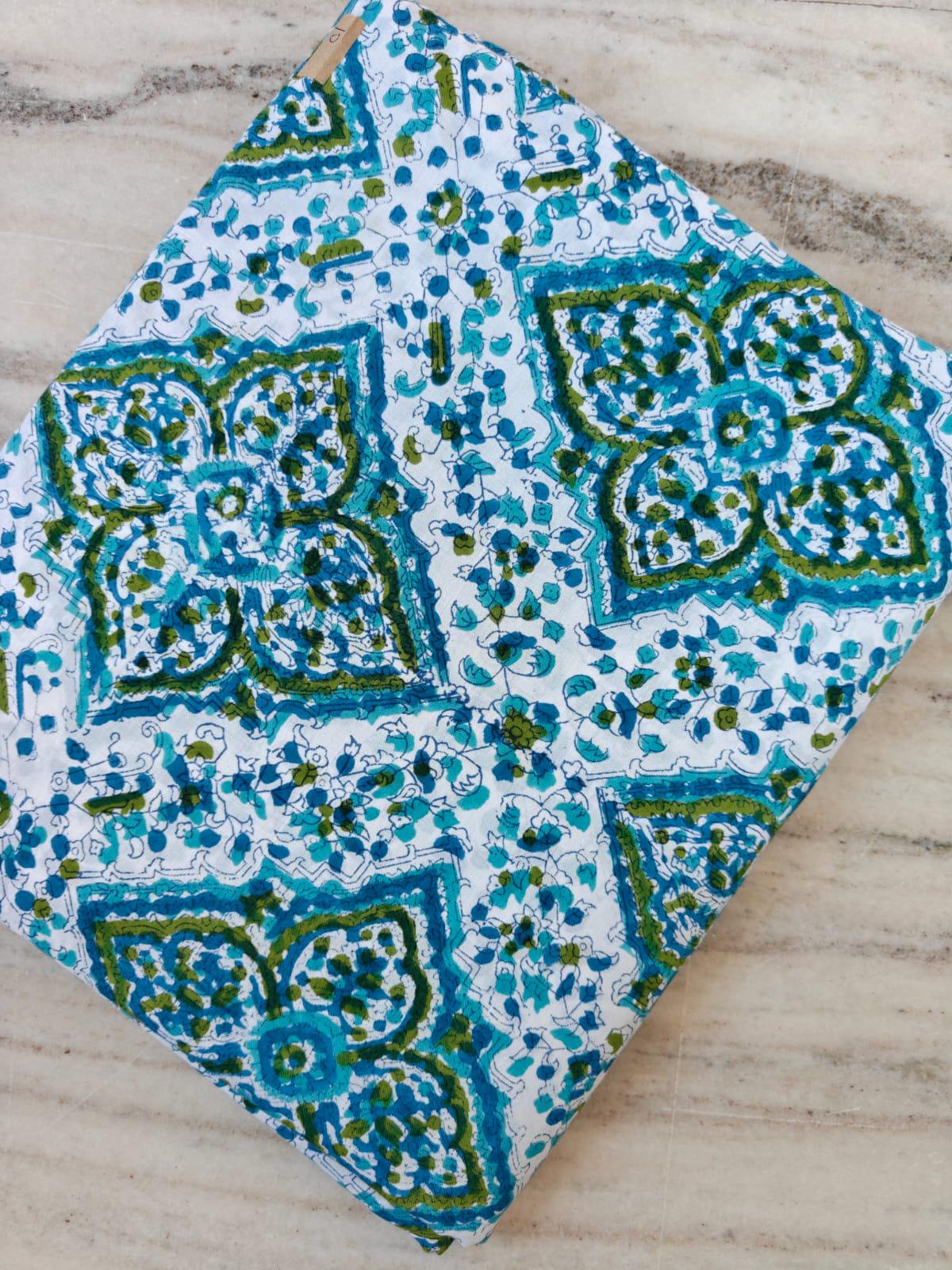 Designer Floral Cotton Fabric by the Yard, Blue Green Block Print Cotton Fabric, Indian Handmade Cotton Textile, Boho Floral Sewing Quilting