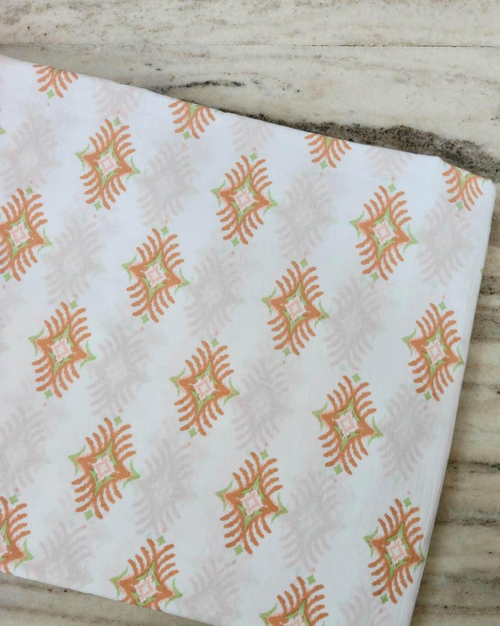 Peach Green Block Print Cotton Fabric, Geometric Floral Indian Cotton, Soft Lightweight Fabric for Sewing, Dressmaking Fabric By The Yard