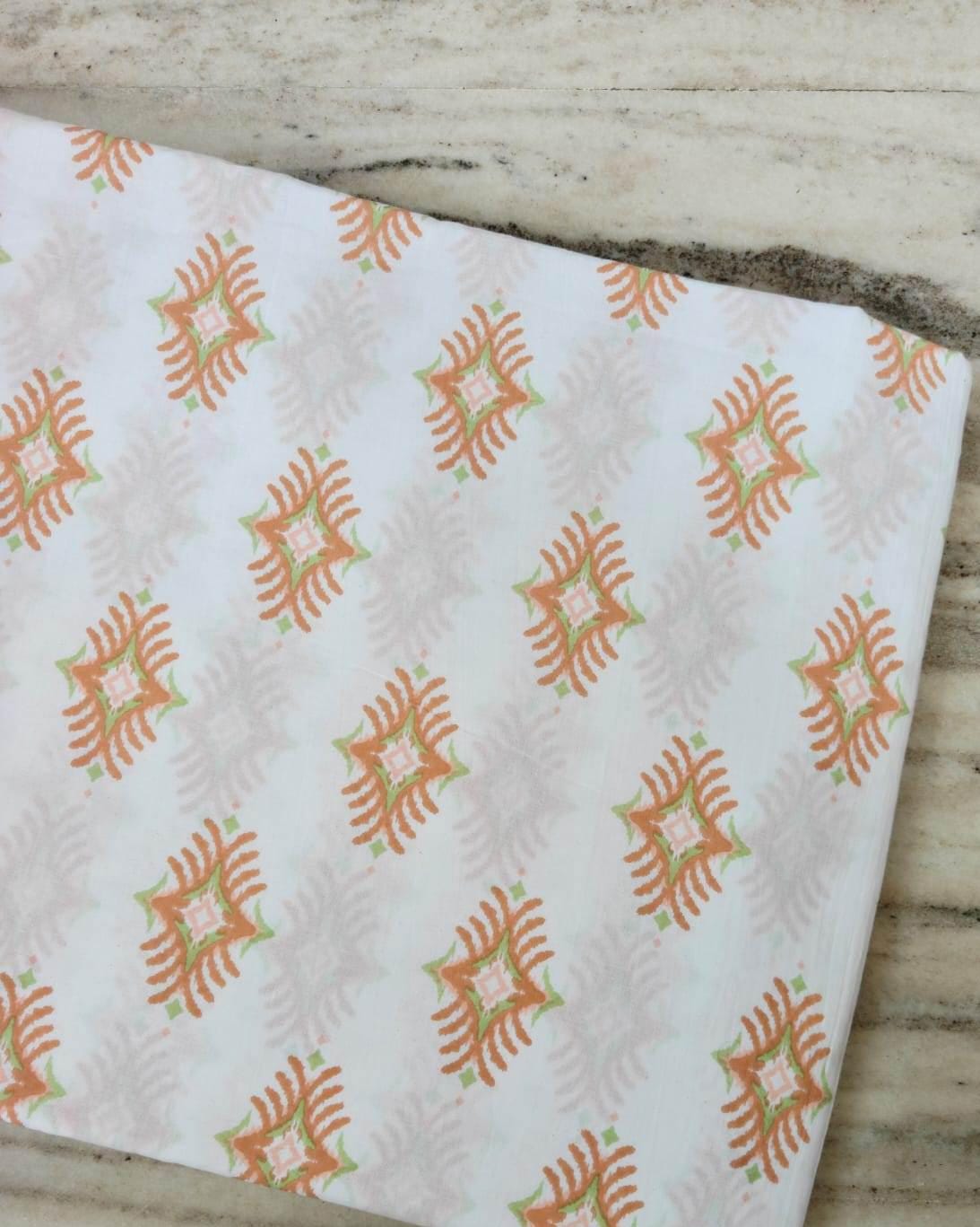 Peach Green Block Print Cotton Fabric, Geometric Floral Indian Cotton, Soft Lightweight Fabric for Sewing, Dressmaking Fabric By The Yard