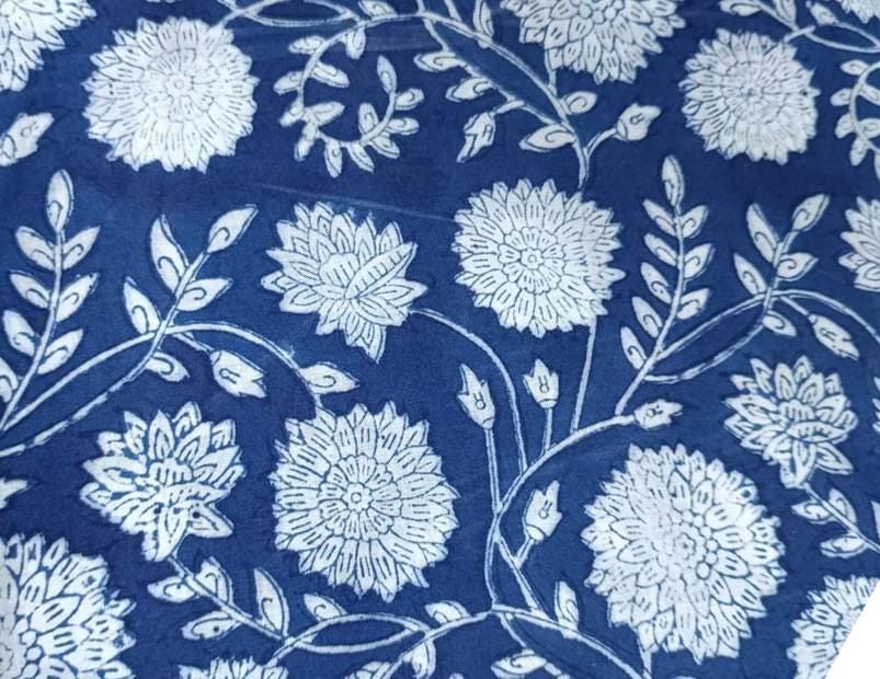 Indigo Blue Hand Block Print Cotton Fabric, White Floral Indian Fabric by the Yard, Soft Cotton for Quilting, Dressmaking, Running Fabric