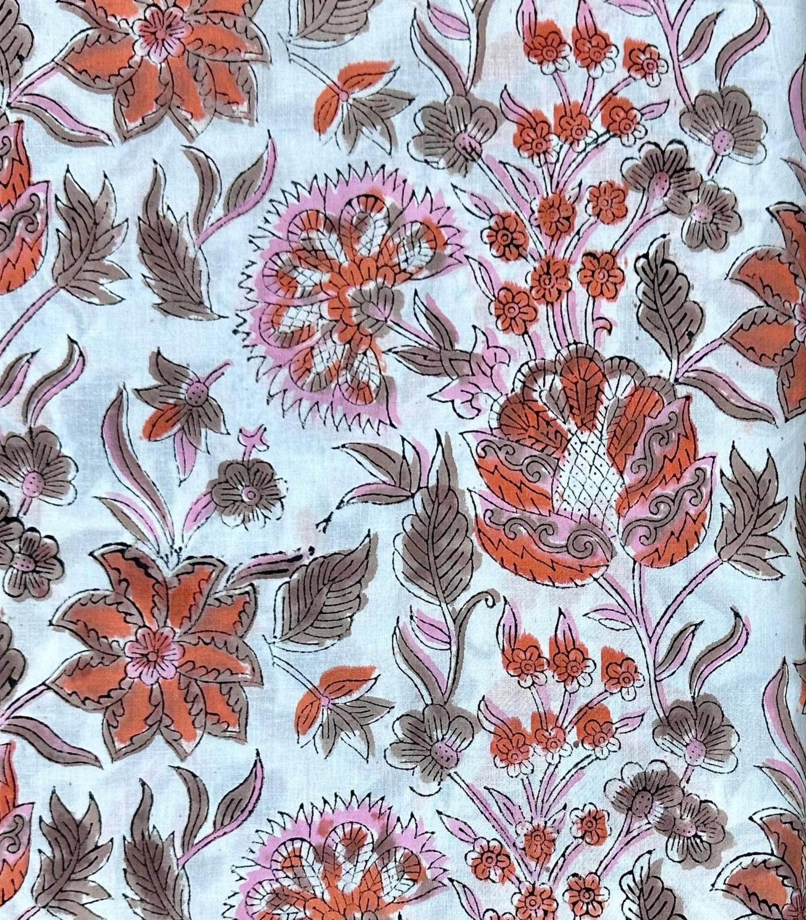 Floral Cotton Fabric by the Yard | Beige & Peach Hand Block Print Indian Cotton for Sewing, Quilting Fabric Dressmaking Loose Running Cloth