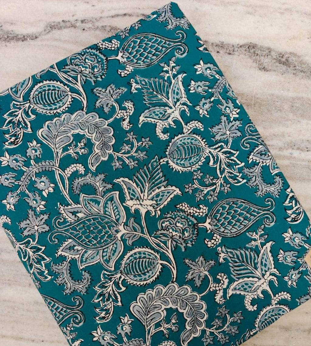Teal Floral Cotton Fabric by the Yard, Vintage Block Print Style Fabric, Blue Green Botanical Print, Sewing Fabric, Indian Floral Textile