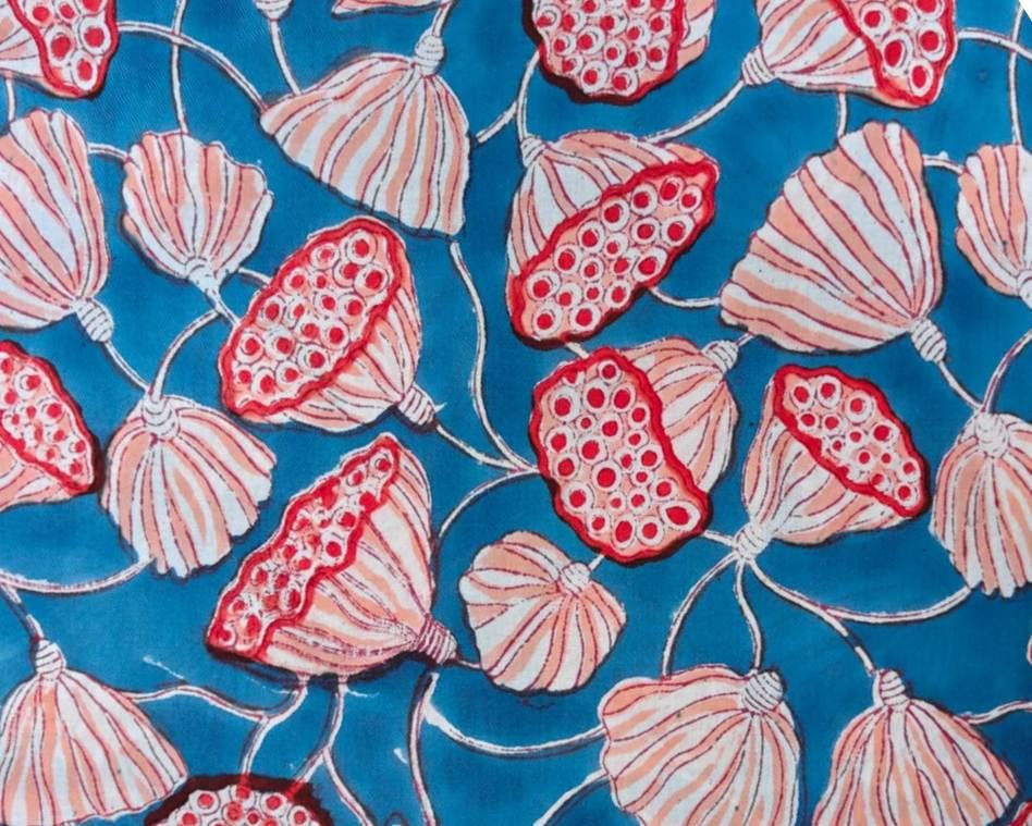Teal Blue Floral Cotton Fabric, Hand Block Print Lotus Pod Pattern Fabric, Indian Cotton Fabric by the Yard, Fabric For Dress Making, Napkin
