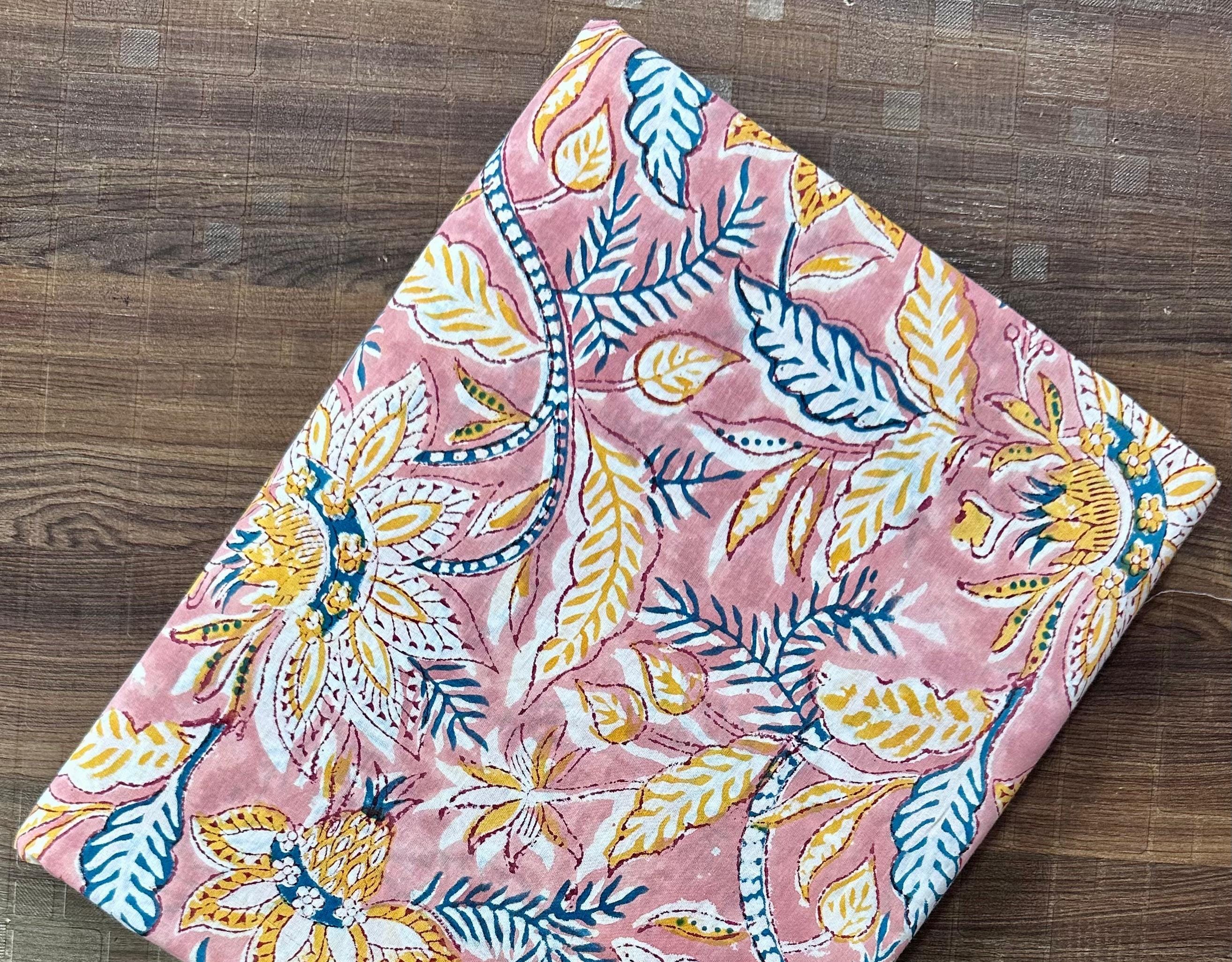Pink Floral Hand Block Print Cotton Fabric – Indian Handmade Cotton Cloth, Soft Natural Printed Fabric for Dressmaking, Quilting & Crafts