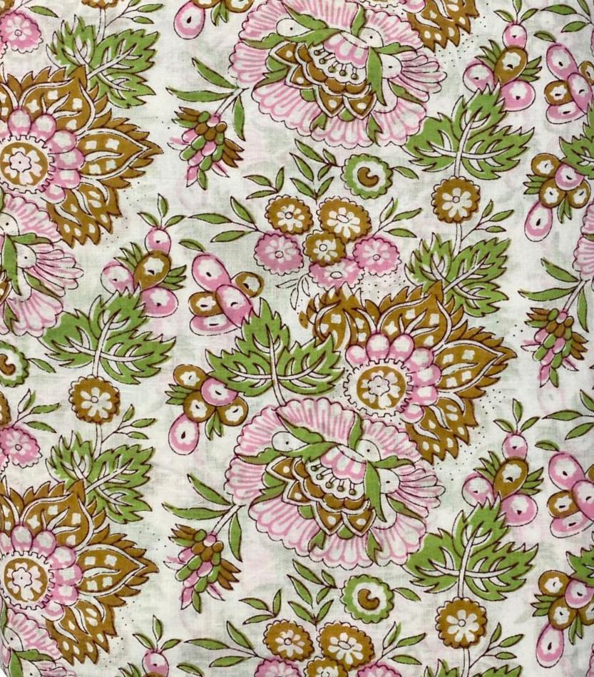 Green Hand Block Print Fabric, Floral 100% Cotton Quilting Fabric By The Yard, Fabric For Dress Making, Loose Running Fabric, Napkin Fabric