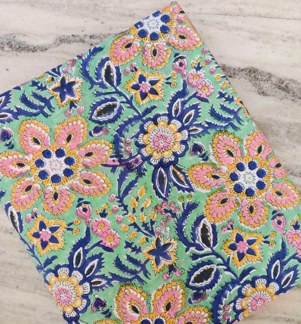 Mint Green Floral Cotton Fabric by the Yard, Pink Blue & Yellow Block Print Cotton, Indian Style Boho Fabric, Dressmaking Quilting Fabric