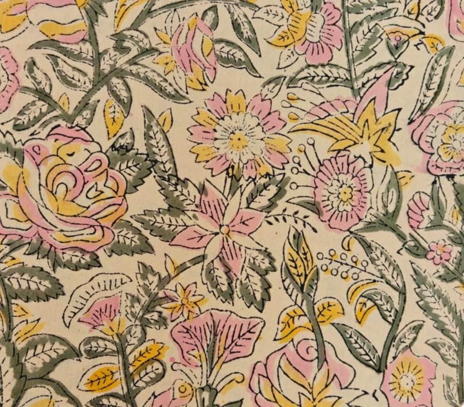 Green Floral Cotton Fabric, Colourful Hand Block Print Fabric By The Yard, Indian Soft Cotton for Quilting, Dressmaking, Sewing & Crafts
